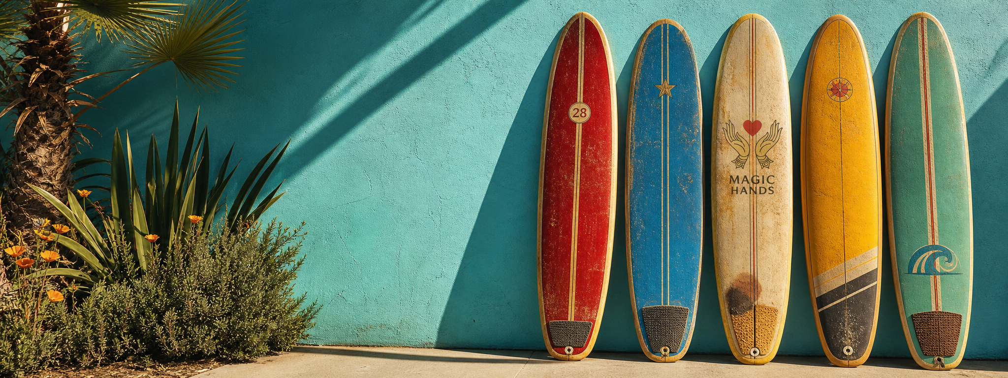 Five colorful California longboards in red, blue, cream, yellow, and seafoam, including a Magic Hands hand-and-heart design